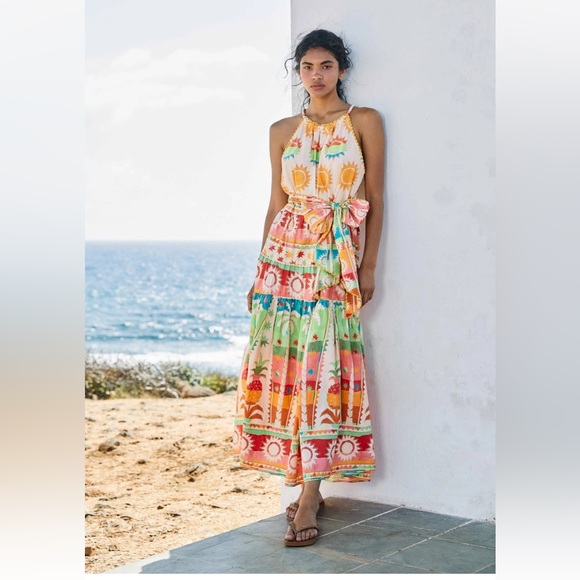 FARM Rio Dresses & Skirts - Farm Rio Rainbow Sunset Halter Neck Maxi Dress Tropical Hawaii Vibrant Print XL